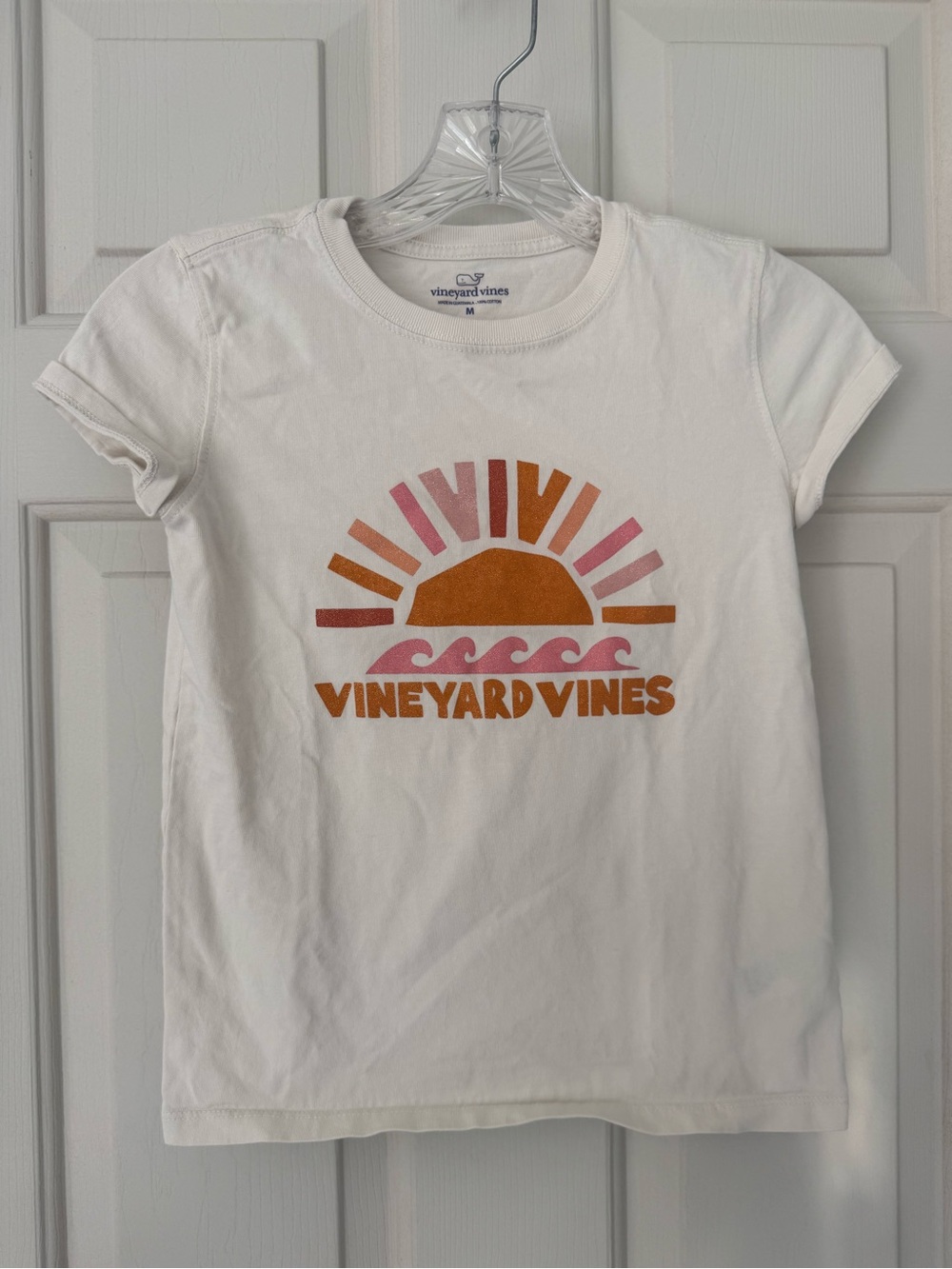 Vineyard Vines White Tee with Pink & Orange Sunrise Graphic
